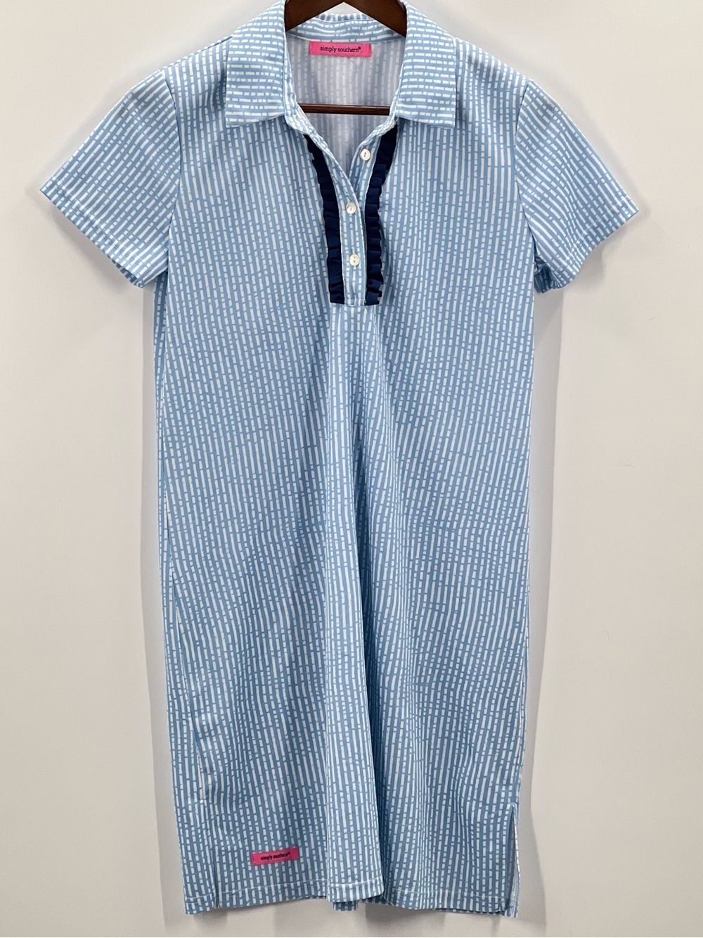 195 Simply Southern Dress Womens Medium Blue White Stripe Short Sleeve
